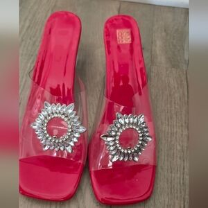 Red Clear Slide Sandals with Silver Crystal Accent Size 9